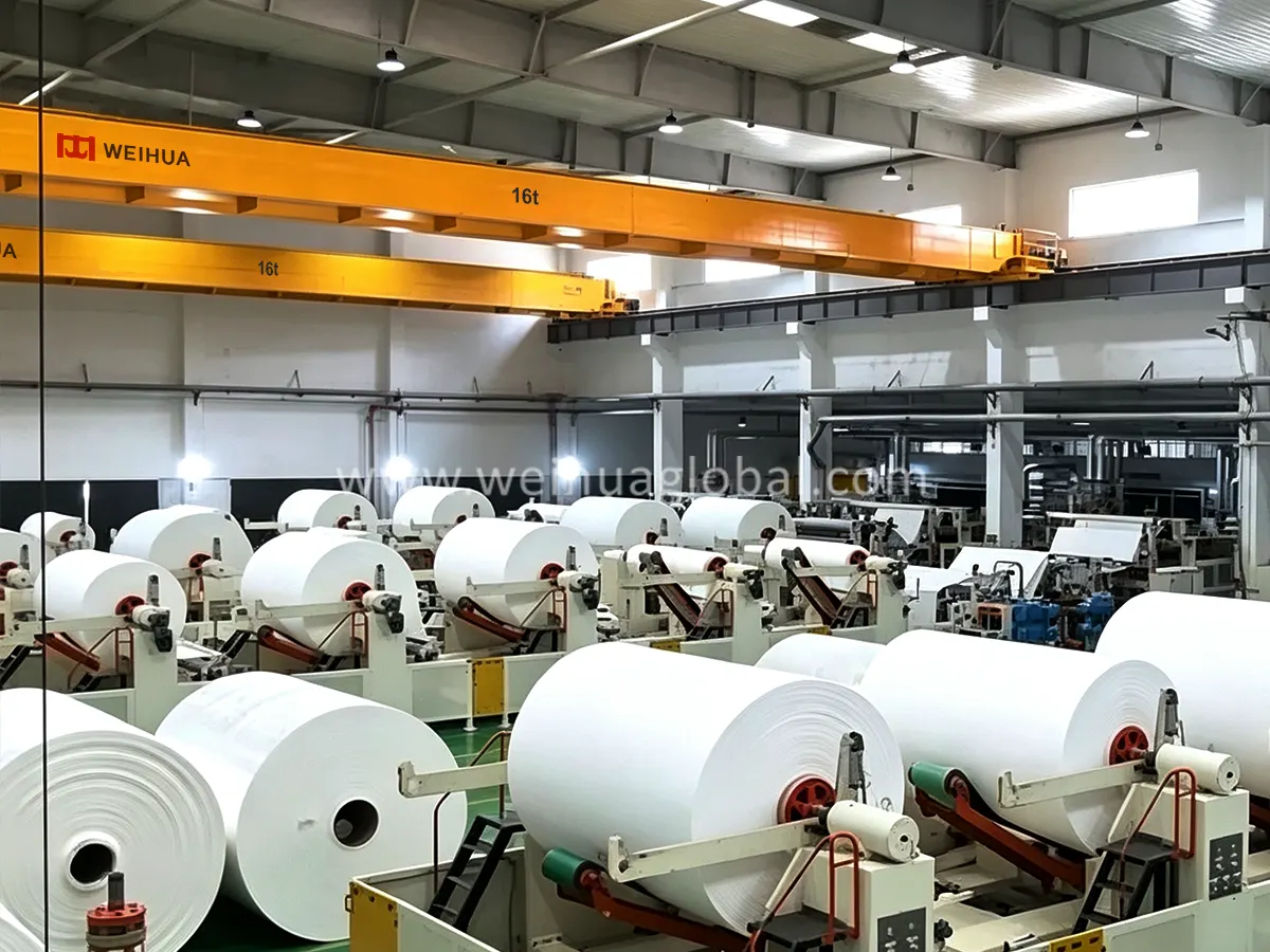 16t double girder overhead cranes serving a paper roll production line