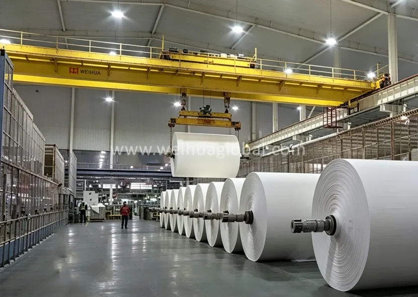 16t Weihua double girder overhead crane lifting a paper roll in an Australian paper mill